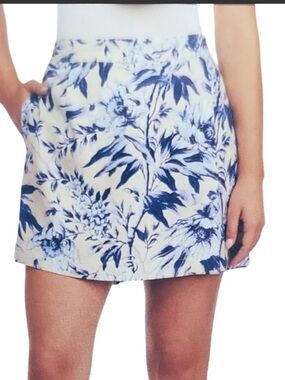 Ellen Tracy Blue Floral Linen-Blend Mini Skort Summertime Beach Vacation